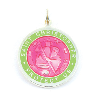 Large Silver-plated St. Christopher Medal (Fuchsia-Lime)