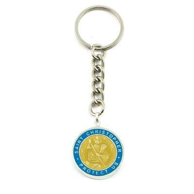 Large St. Christopher Medal Keychain (Bronze-Aquamarine)