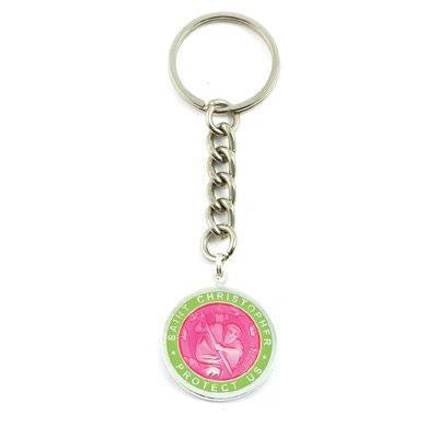 Large St. Christopher Medal Keychain (Fuchsia-Lime)