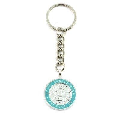 Large St. Christopher Medal Keychain (Silver-Teal)