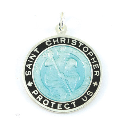 Large Sterling Silver St. Christopher Medal (Aqua-Black)