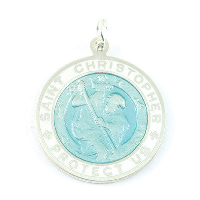 Large Sterling Silver St. Christopher Medal (Aqua-White)