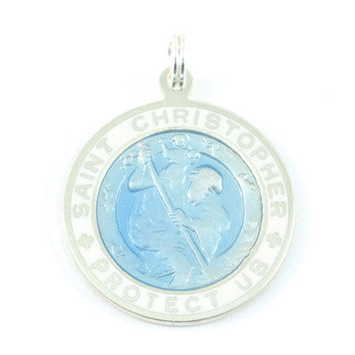 Large Sterling Silver St. Christopher Medal (Babyblue-White)