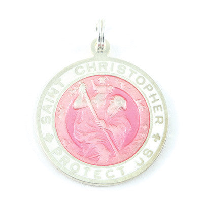 Large Sterling Silver St. Christopher Medal (Fuchsia-White)