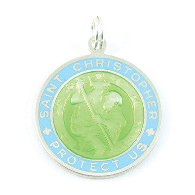 Large Sterling Silver St. Christopher Medal (Lime-Babyblue)