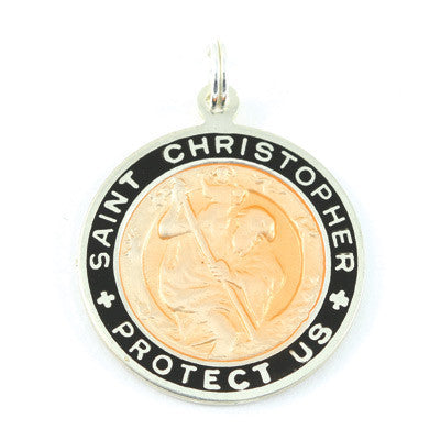 Large Sterling Silver St. Christopher Medal (Orange-Black)