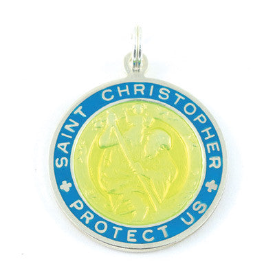 Large Sterling Silver St. Christopher Medal (Yellow-Aquamarine)