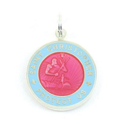 Small Silver-plated St. Christopher Medal (Fuchsia Babyblue)