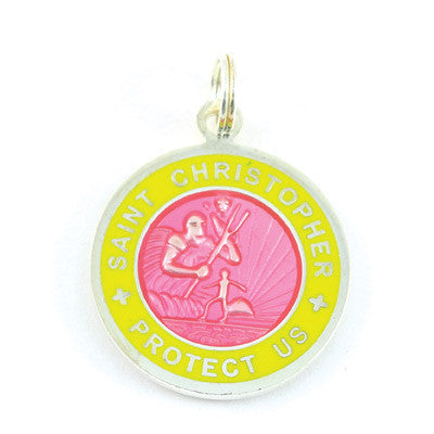 Small Silver-plated St. Christopher Medal (Fuchsia Yellow)