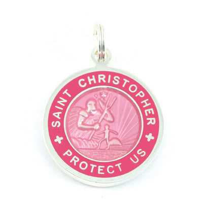 Small Silver-plated St. Christopher Medal (Pink Fuchsia)
